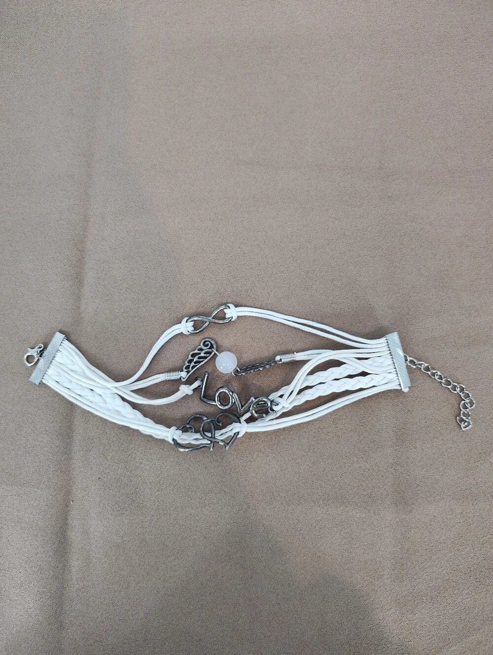 White Multi-Strand Charm Bracelet with Love & Wing Accents